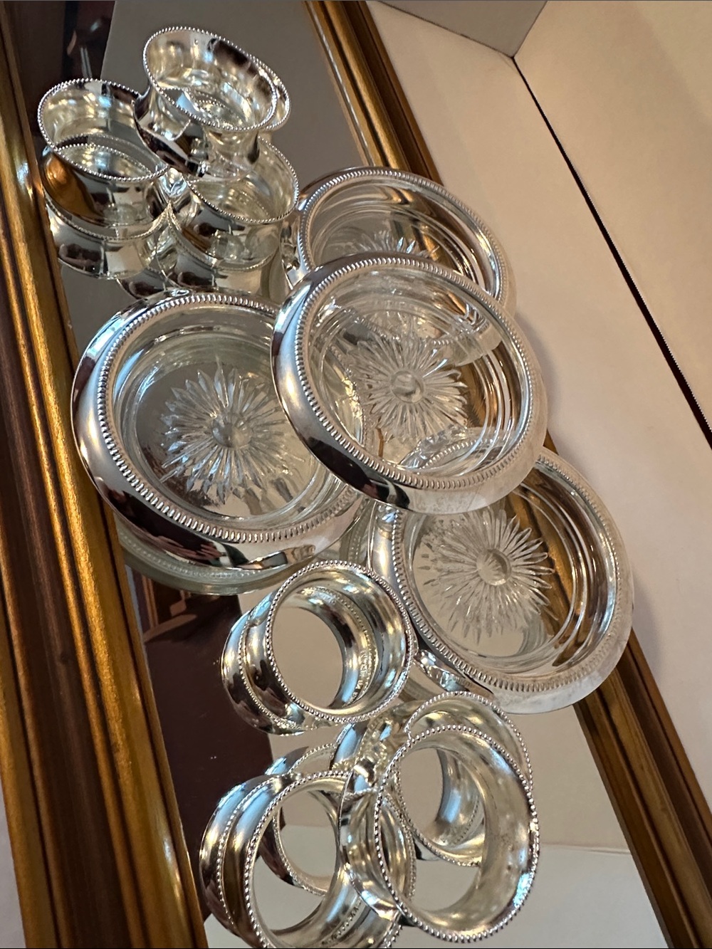 Vintage Silver Plate Coaster Set - Cut Glass Inserts & Silver Plate Napkin Rings